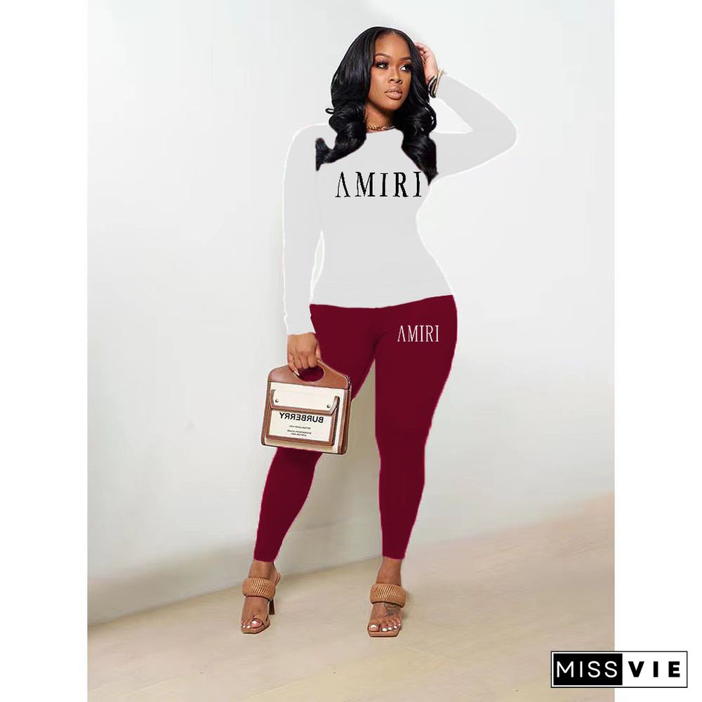 Casual Letter Print T Shirts Skinny Pants 2 Piece Sets