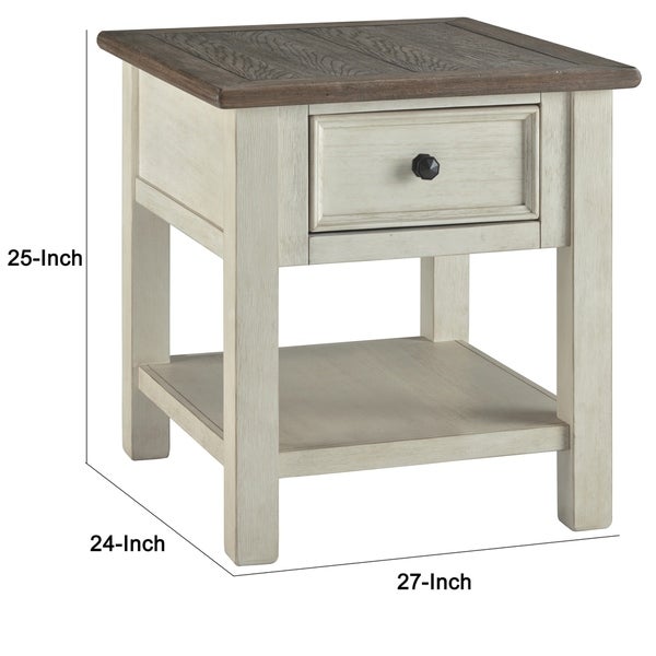 End Table With Plank Top and a Gliding Drawer， Cream and Brown