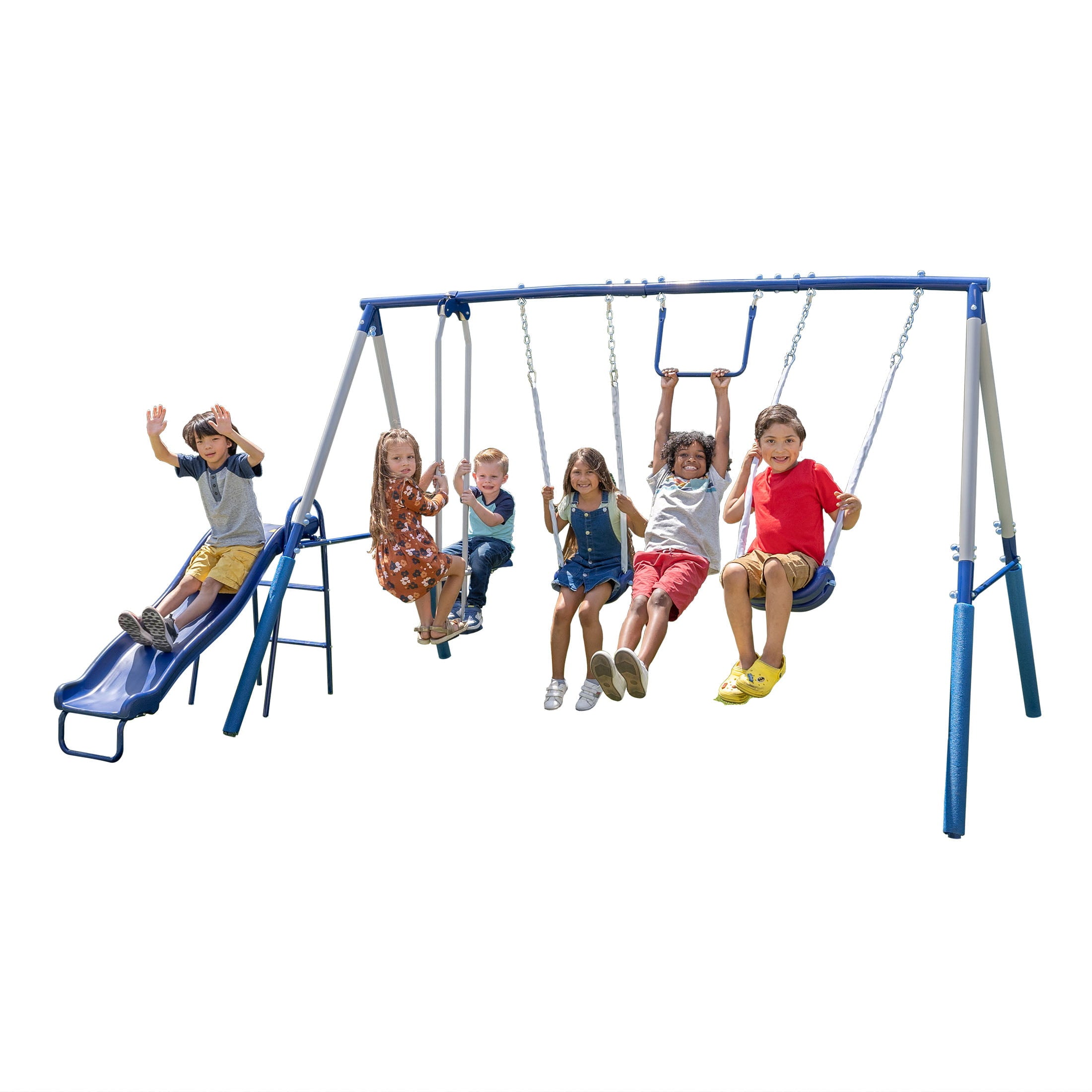 Sportspower Arcadia Metal Swing Set with 5ft Slide， Trapeze， 2 Person Glider Swing