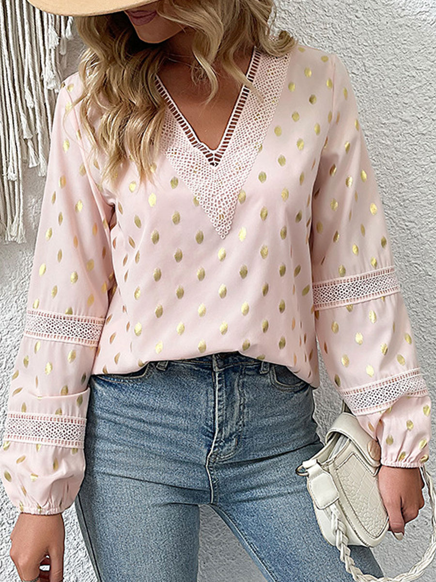 V-neck Lace Casual Loose Bronzing Polka Dot Long-sleeved Blouse