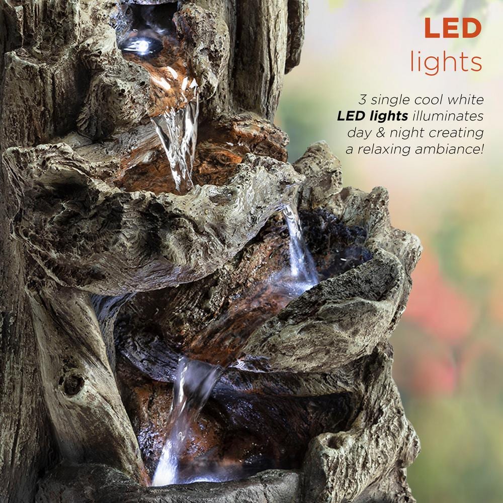 Alpine Corporation 14 in. Tall Indoor Tiered Log Tabletop Fountain with LED Lights WIN794S