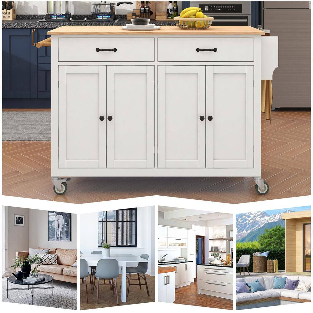 Tileon White Solid Wood 54.3 in. Kitchen Island with 2-Drawers 4-Doors Spice Rack and Towel Rack AYBSZHD2854