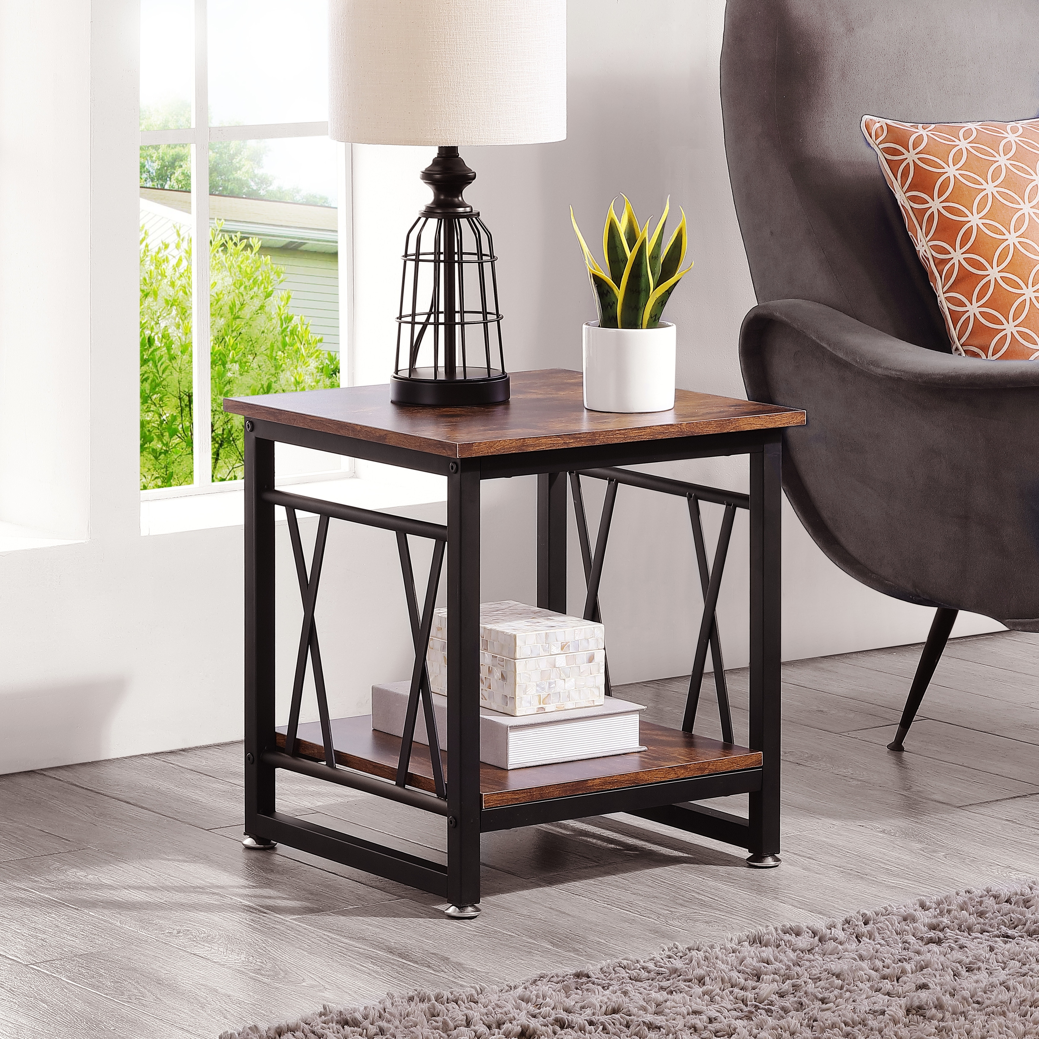 Ledel Industrial Wood Side Table End Table with Storage Shelf