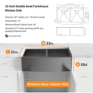 Glacier Bay Gunmetal Black Stainless Steel 33 in. 18-Gauge Double Bowl Farmhouse Kitchen Sink ACS3321A2Q