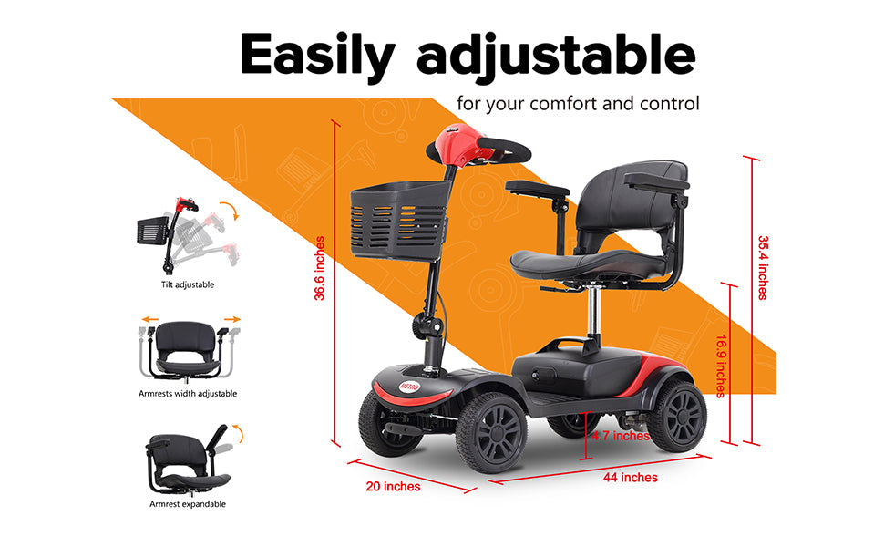 4 Wheels M1 Lite Mobility Scooter Deliver with Long-Lasting Batteries Electromagnetic Brake Easy Operation Disassembly Mobility Scooter for Family Daily Use, Short Travels and Cruises (M1 Lite, Red)