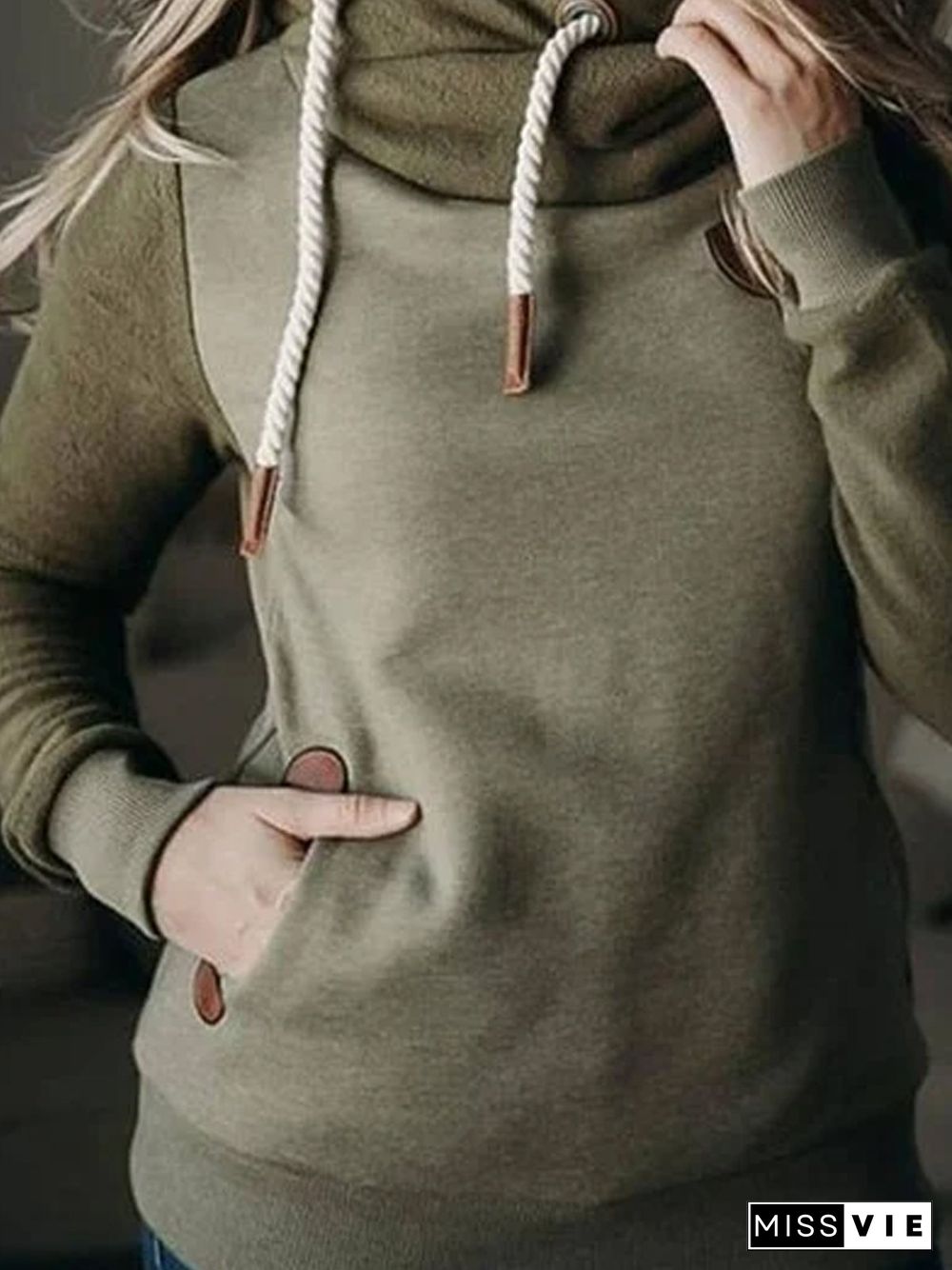 Army Green Long Sleeve Patchwork Cotton-Blend Hoodie Sweatshirts