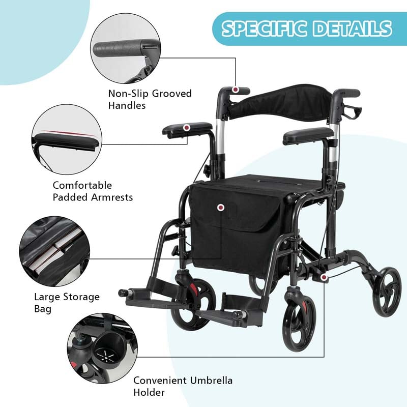 2 in 1 Rollator Walker Wheelchair Folding Medical Walker Rolling Transport Chair Mobility Walking Aid