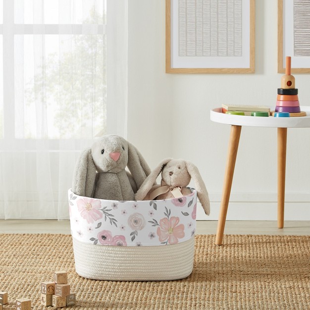 Sweet Jojo Designs Woven Cotton Rope Decorative Storage Basket Bin Watercolor Floral Pink And Grey