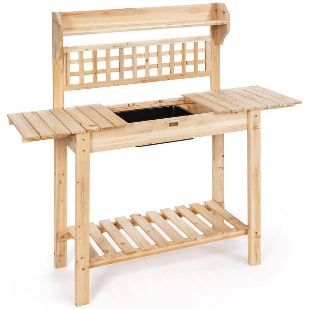 Costway Garden Potting Bench Workstation Table with Sliding Tabletop Sink Shelves J9D3Z5