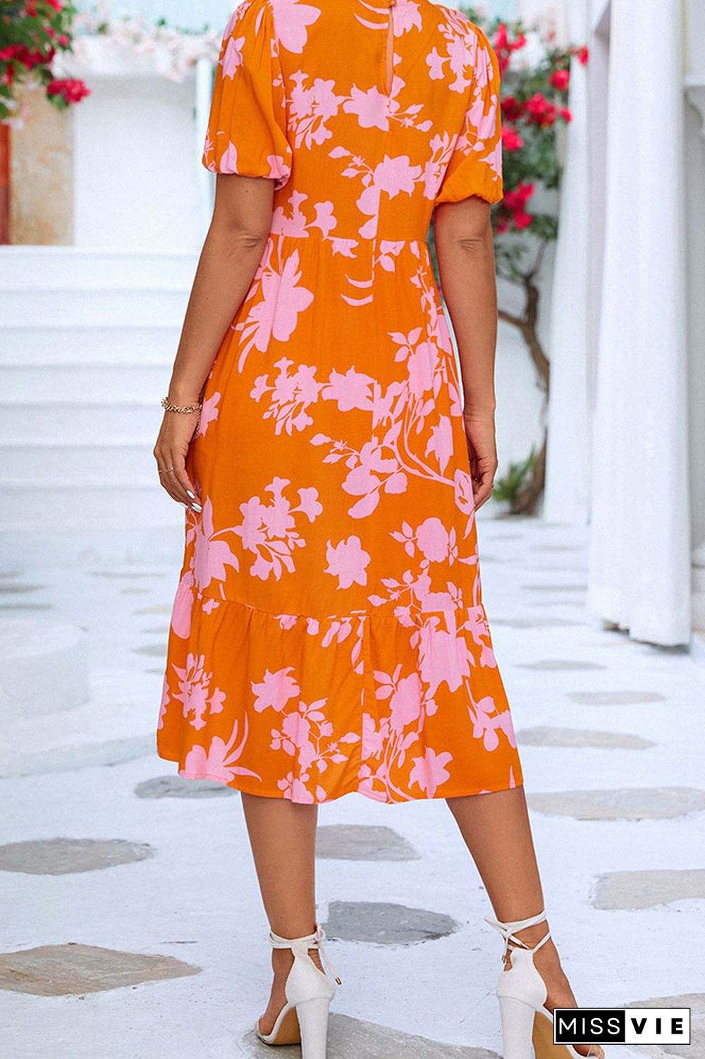 Round Neck Pleated Floral Midi Dress