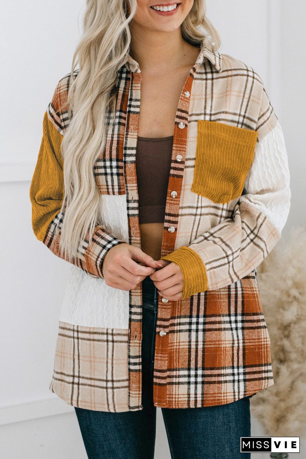 Orange Plaid Color Block Patchwork Shirt Jacket with Pocket