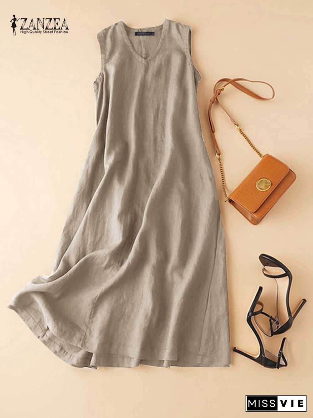 Cotton Solid Sleeveless V Neck Casual Maxi Dress