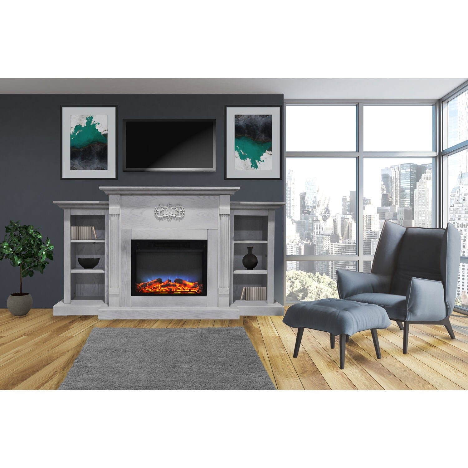 Cambridge Sanoma 72'' Electric Multi-Color LED Fireplace with Charred Log Insert | For Rooms up to 210 Sq.Ft | Remote | White Mantel | Adjustable Heat Settings | Storage | Timer