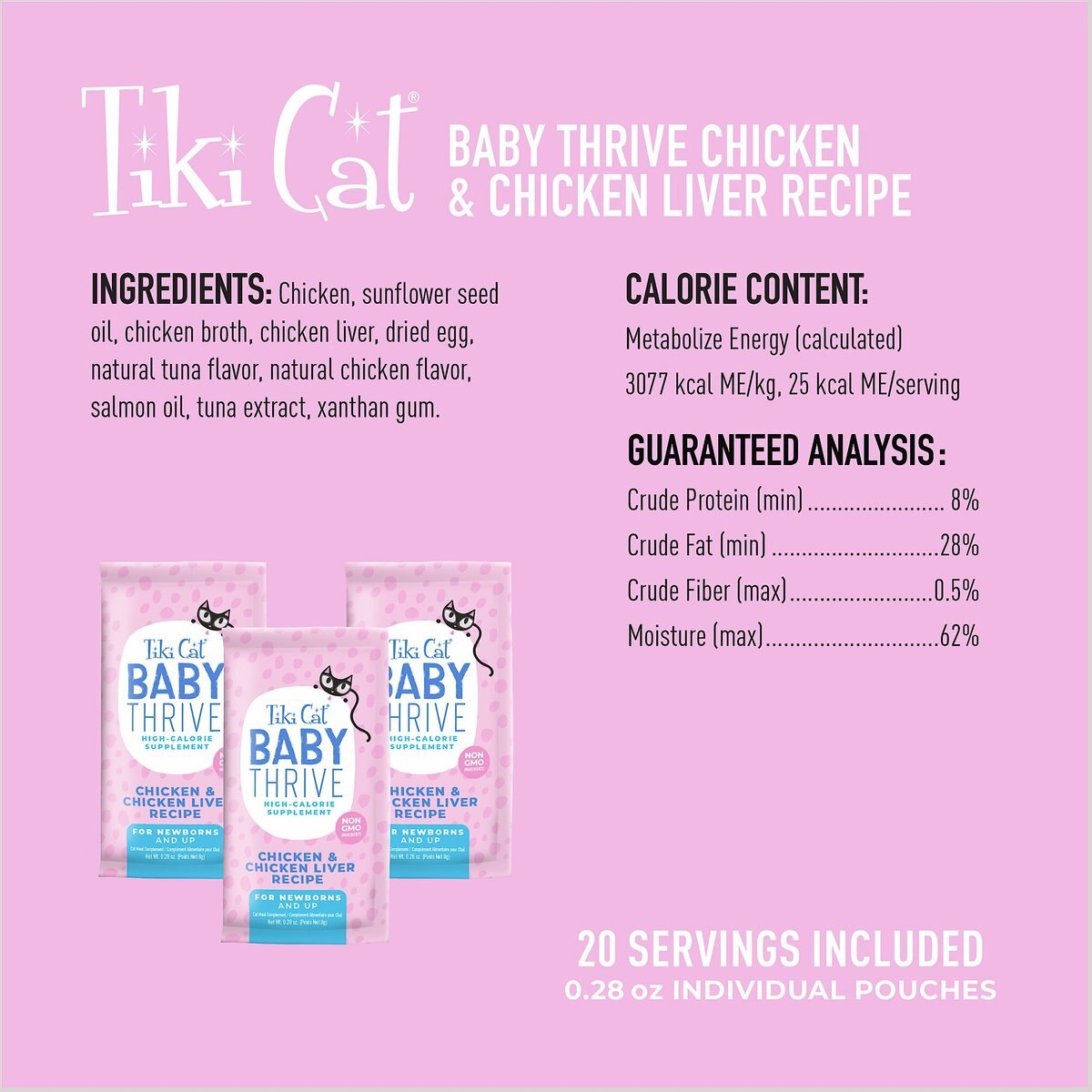 Tiki Cat Baby Thrive Grain-Free Chicken and Chicken Liver Recipe Wet Cat Food， 0.25-oz pouch， case of 20