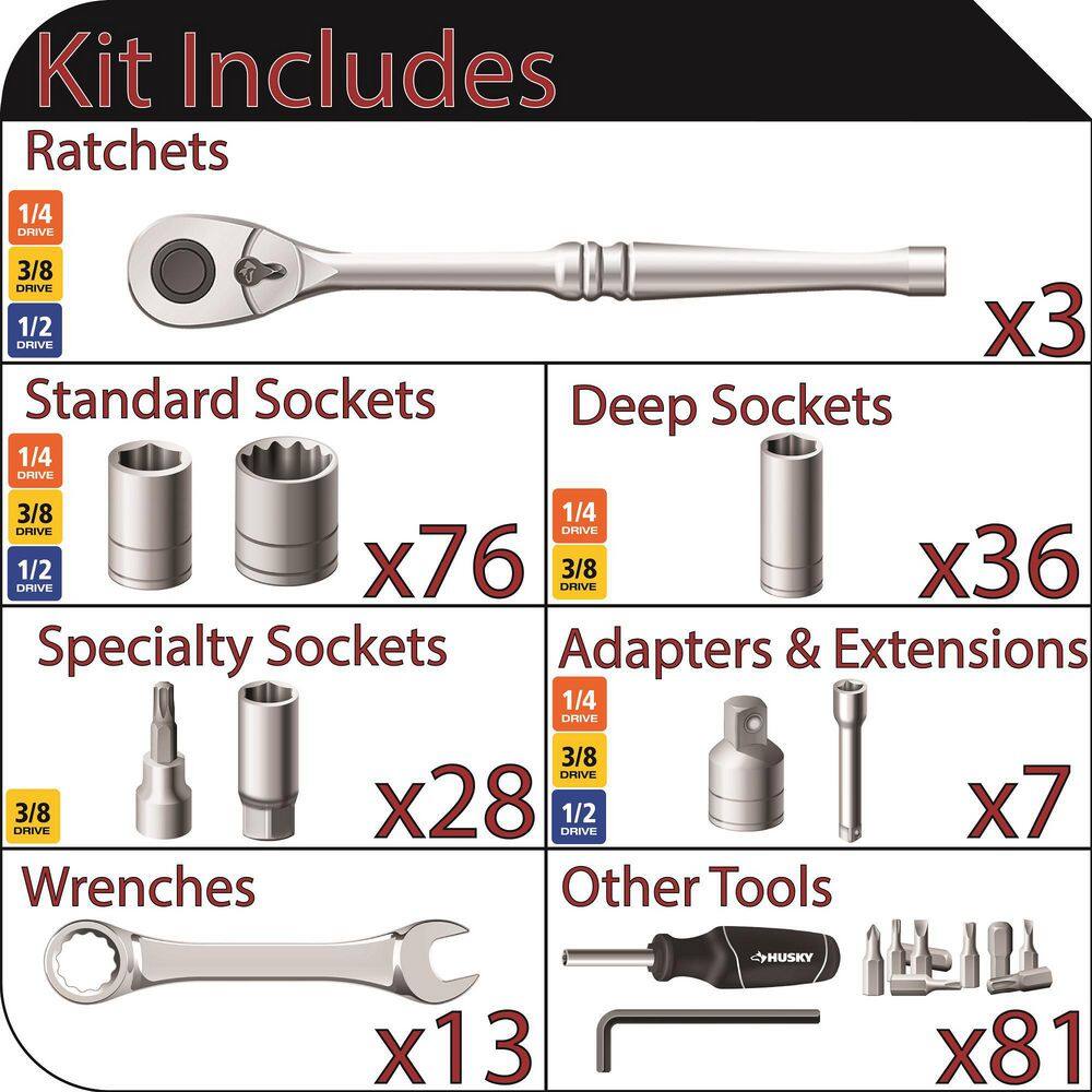 Husky 14 in. 38 in. and 12 in. 72-Tooth Ratchet Mechanics Tool Set with Chest (244-Piece) H244MTSCHEST