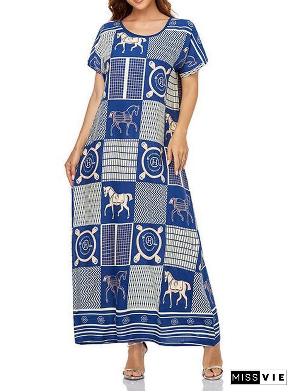 Women's Scoop Neck Short Sleeve Printed Midi Dress