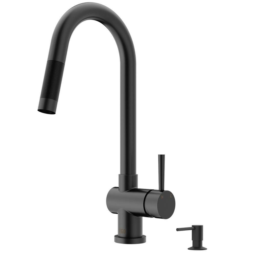 VIGO Gramercy Single Handle Pull-Down Spout Kitchen Faucet Set with Soap Dispenser in Matte Black VG02008MBK6