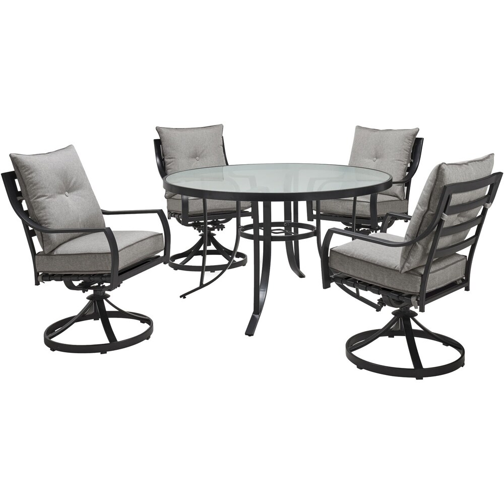 Hanover Lavallette 5 Piece Dining Set in Silver Linings with 4 Swivel Rockers and a 52 In. Round Glass Top Table