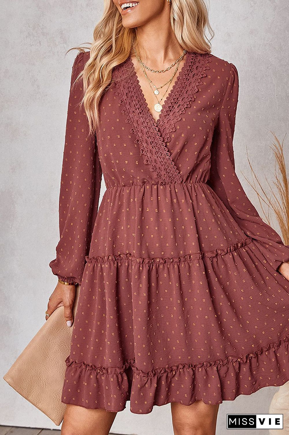 Swiss Dot Lace Crochet Long Sleeve Ruffle Dress