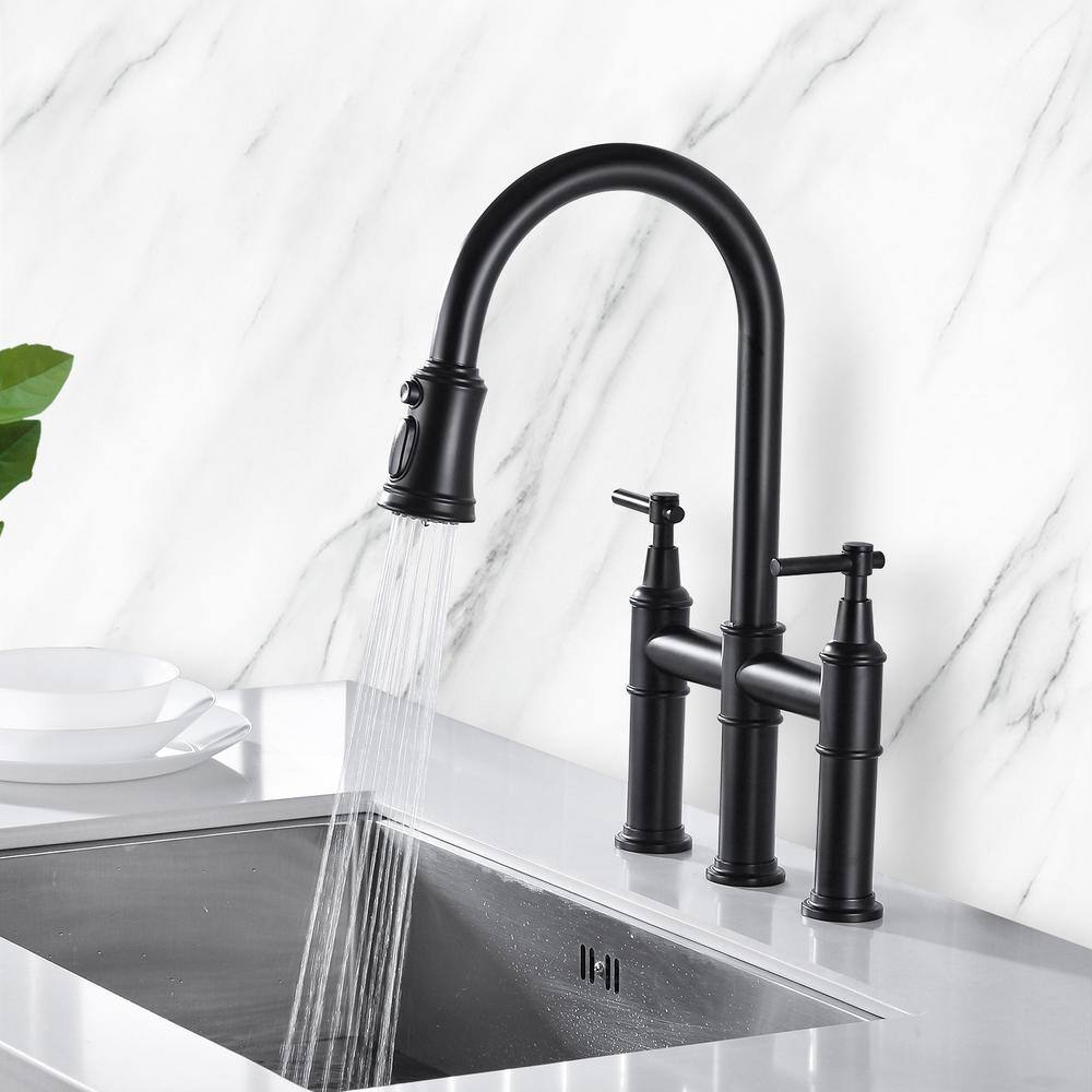 YASINU Double Handle Bridge Kitchen Faucet with Pull-Down Sprayhead in Matte Black YNBA707-MB