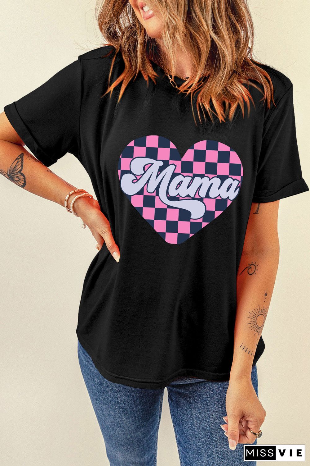 Black Mama Checkered Heart Shape Print Crewneck T Shirt