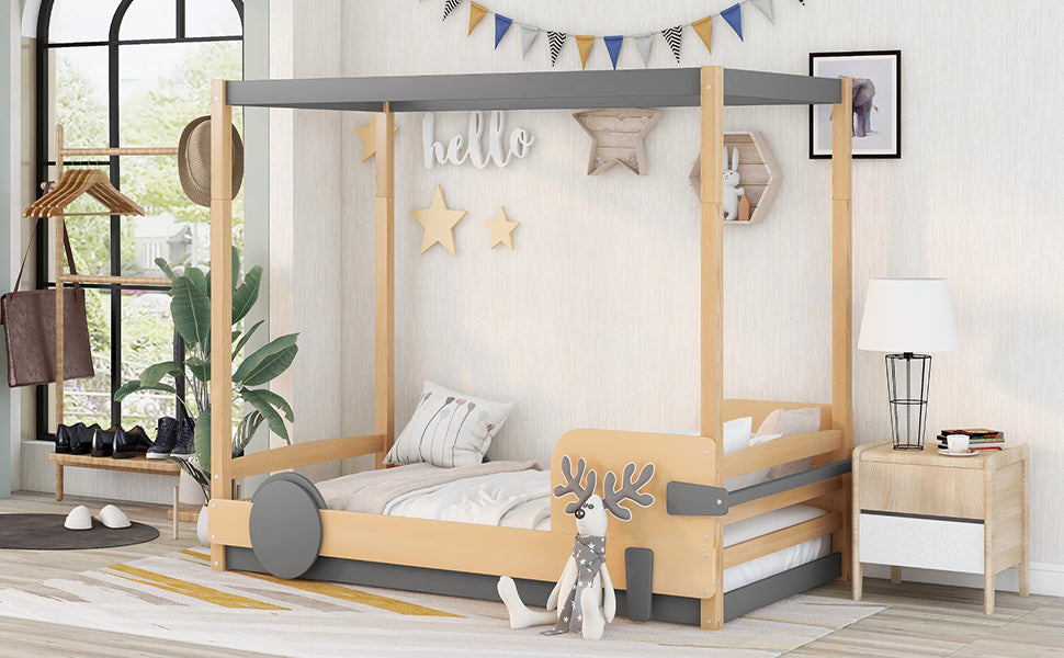 Twin Canopy Car-Shaped Platform Bed for Kids Bedroom, Natural & Gray