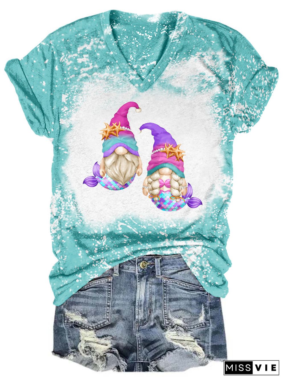 Mermaid Gnomes Tie Dye V Neck T-shirt