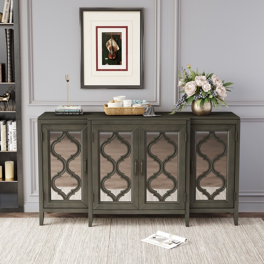 Modern Mirrored Console Table with 4 Cabinets and 3 Adjustable Shelves