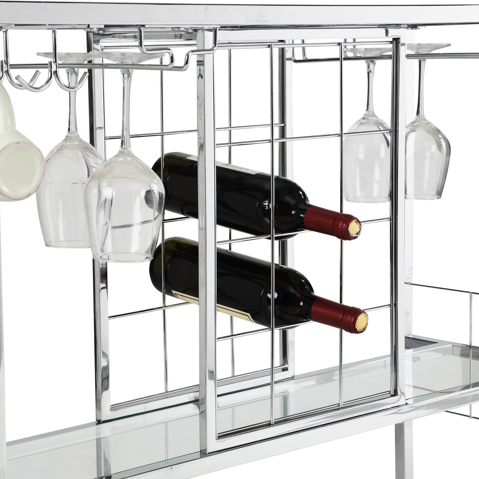 OVERDRIVE Bar Cart Kitchen Serving Cart with Glass Holder and Wine Rack， 3-Tier Kitchen Trolley with Tempered Glass Shelves Chrome