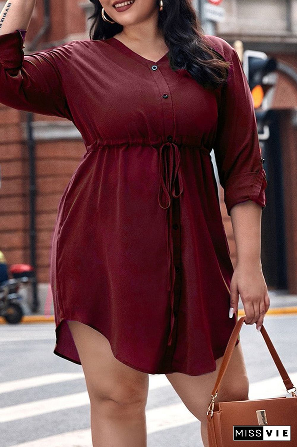 Plus Size Waist Tie Long Sleeve Ruffle Dress