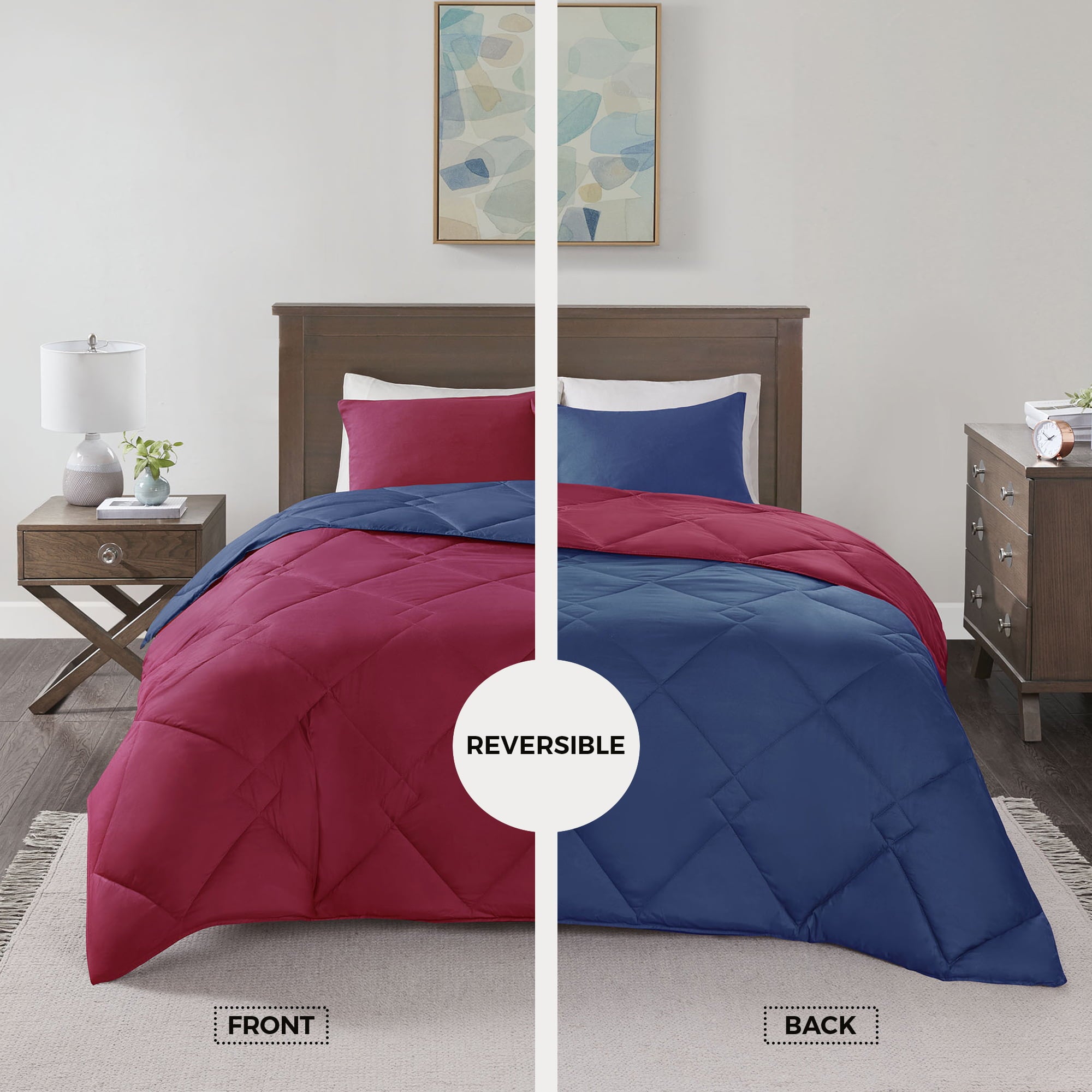 Comfort Spaces Vixie Microfiber 3-Piece Reversible Red/Navy Down Alternative Comforter Set， King