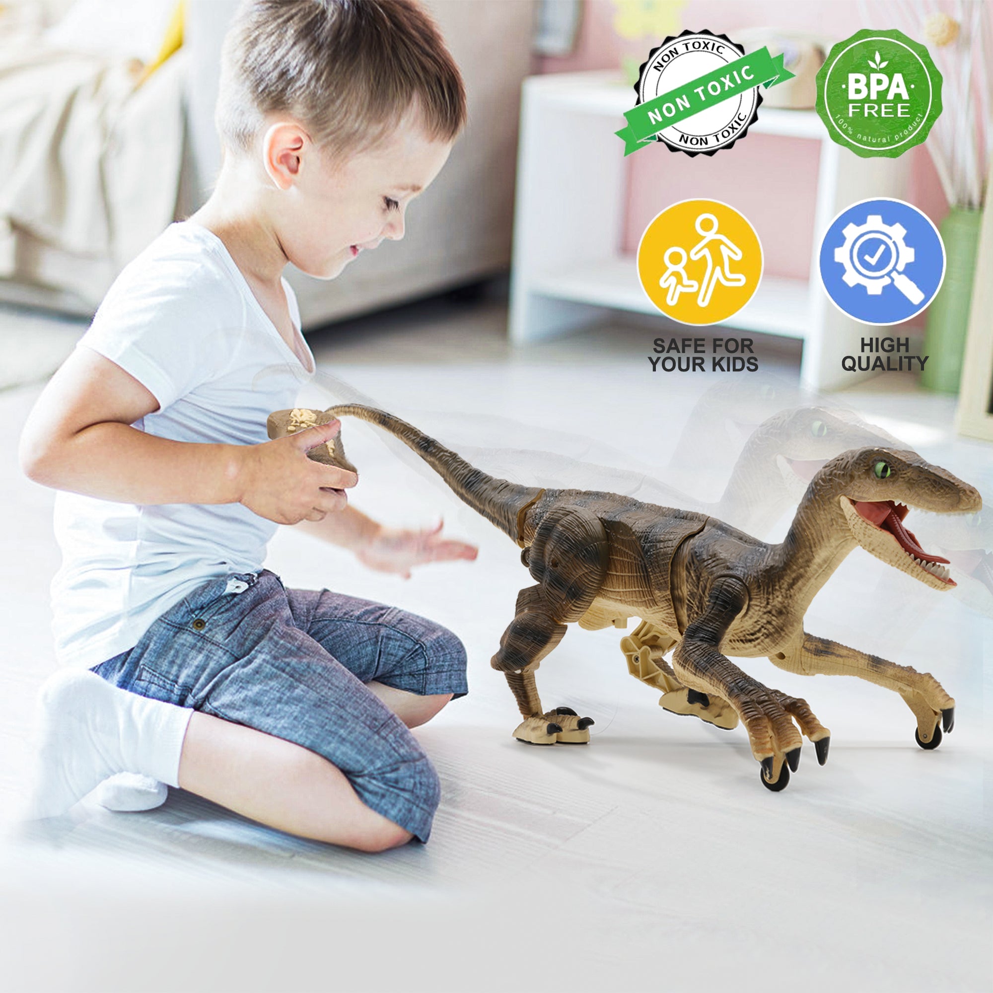 Hot Bee Remote Control Dinosaur Toys， Jurassic Roaring Sound Walking Velociraptor RC Toys for Kids 4+ Boys