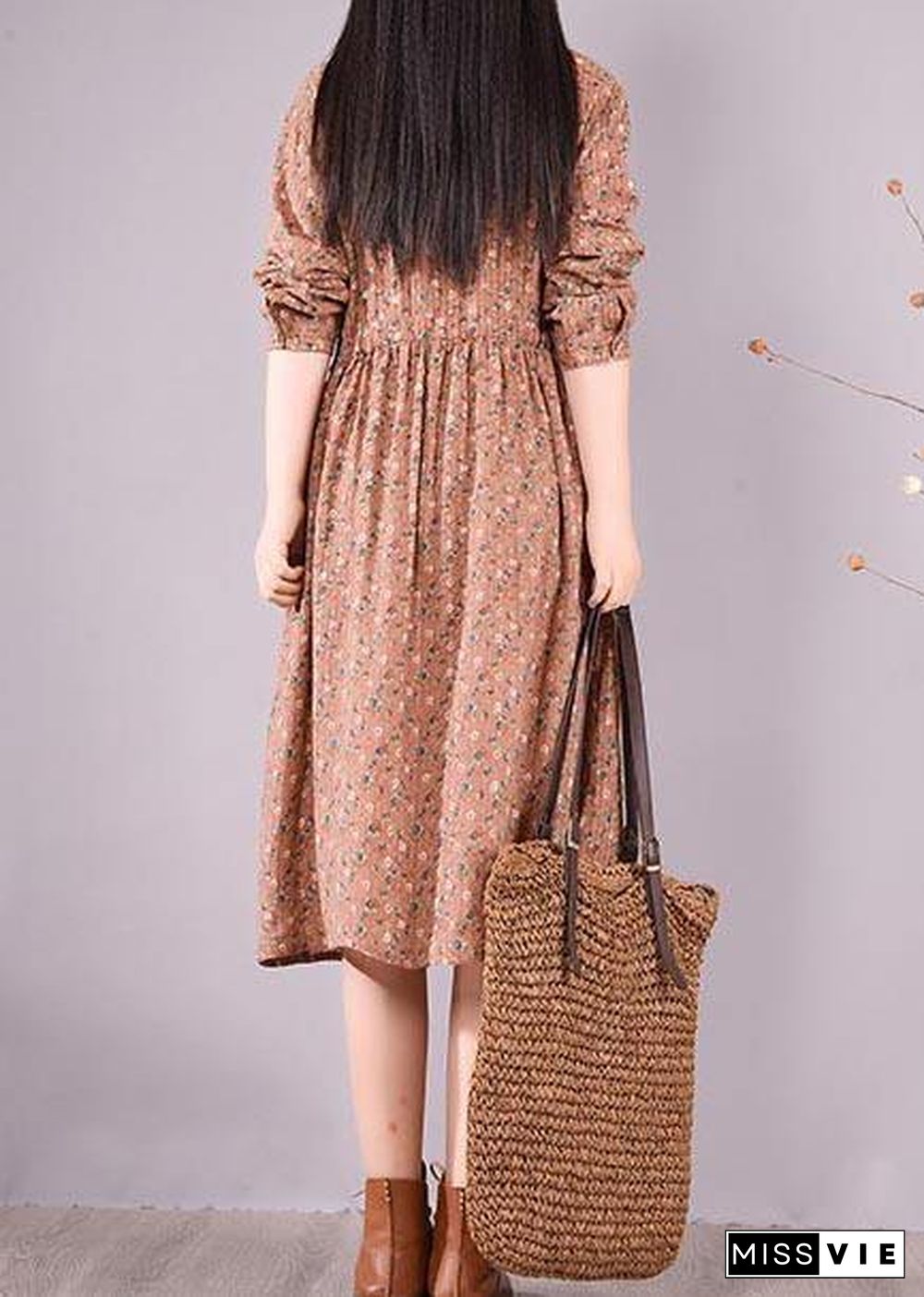 French Brown Print Dresses Lapel Drawstring Maxi Spring Dress