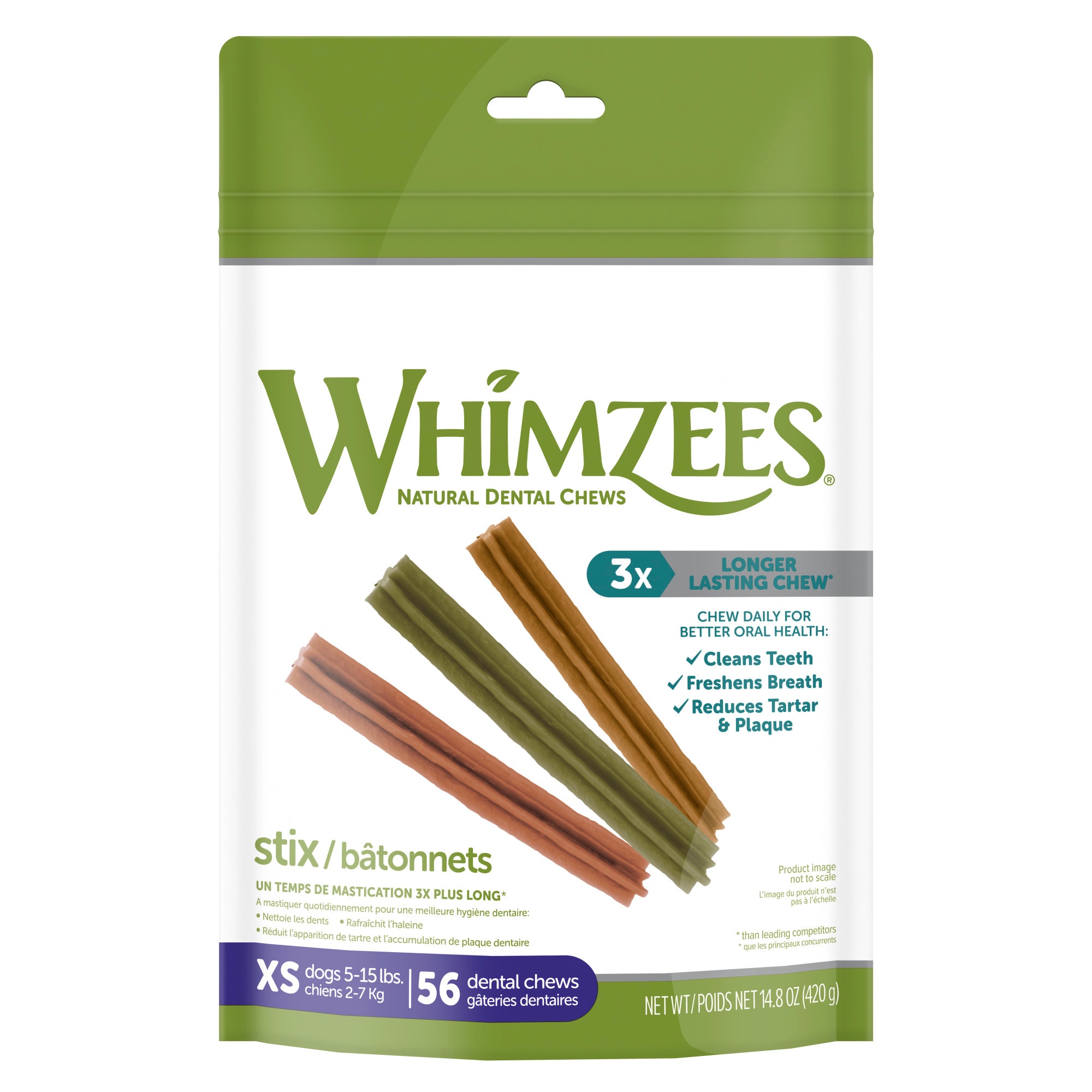 Whimzees Natural Grain Free Daily Dental Long Lasting Stix X-Small Dental Dog Treats， 14.8 oz.