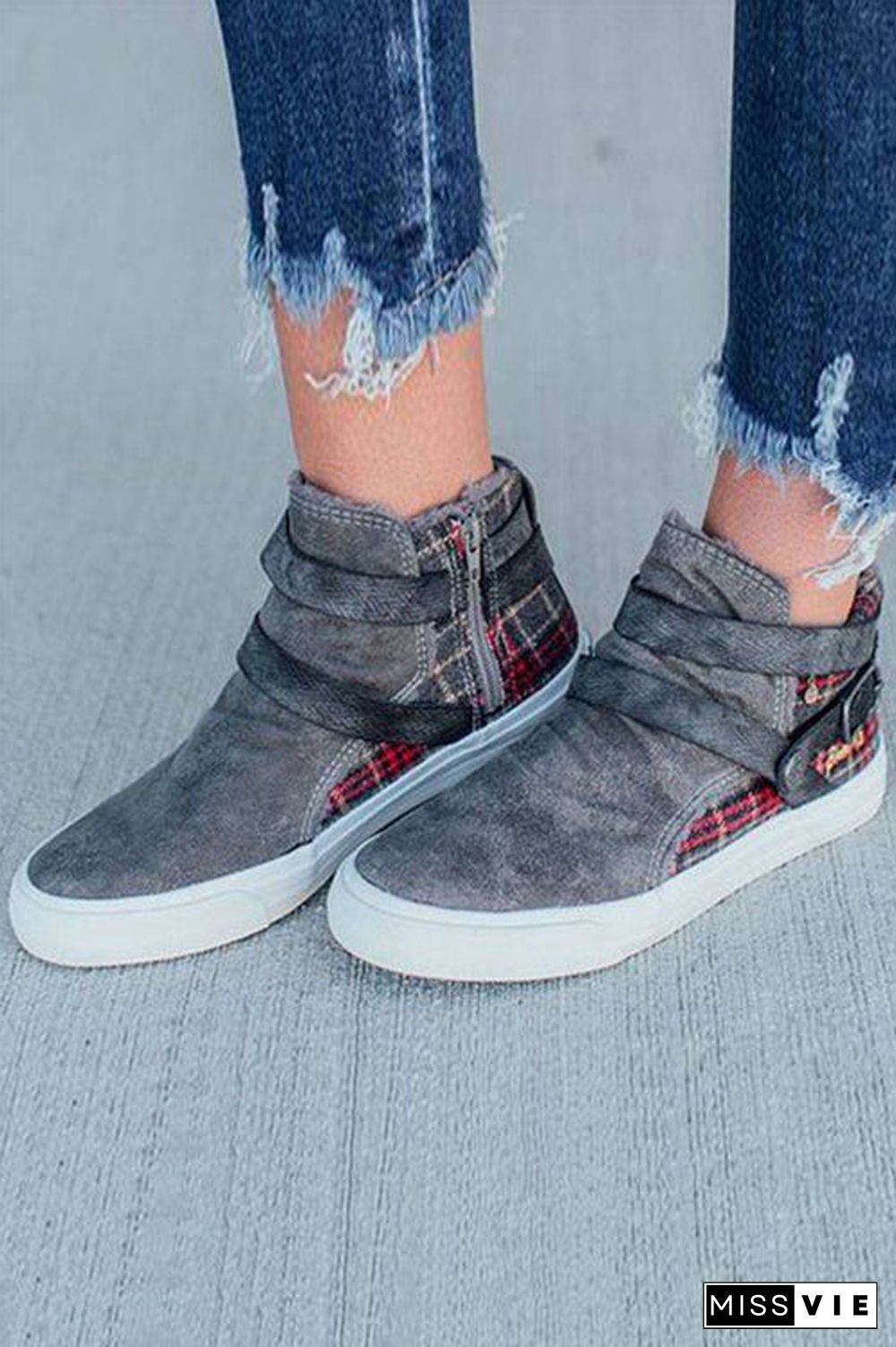 Plaid Buckle Zipper Flat Boots