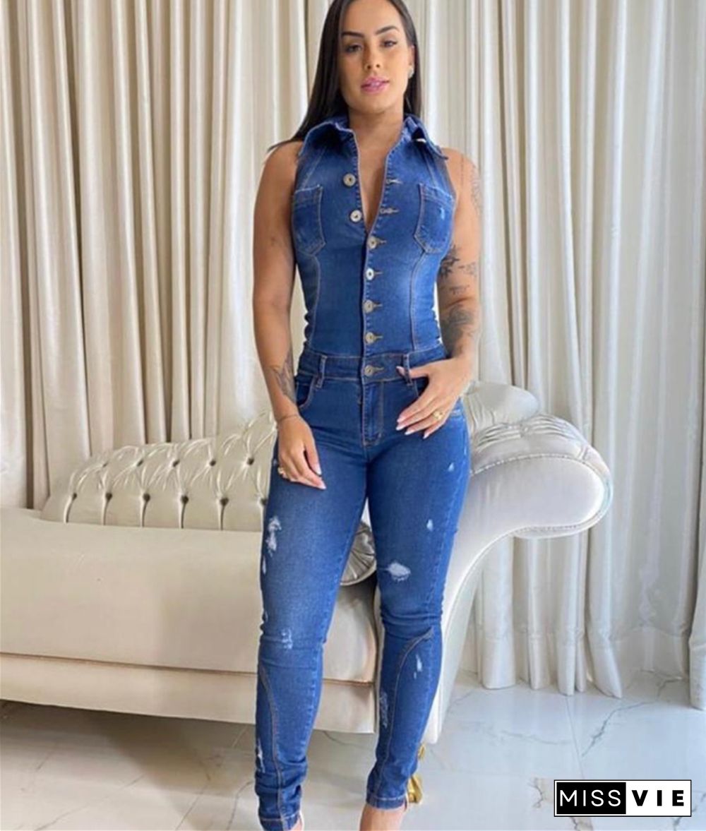 Casual Button Down Sleeveless Skinny Denim Jumpsuit