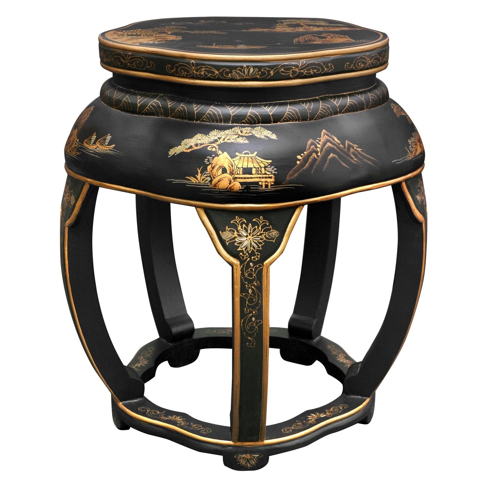 Oriental Furniture Lacquer Blossom Stool, Black, hand crafted, 16.00"W x 18.00"H