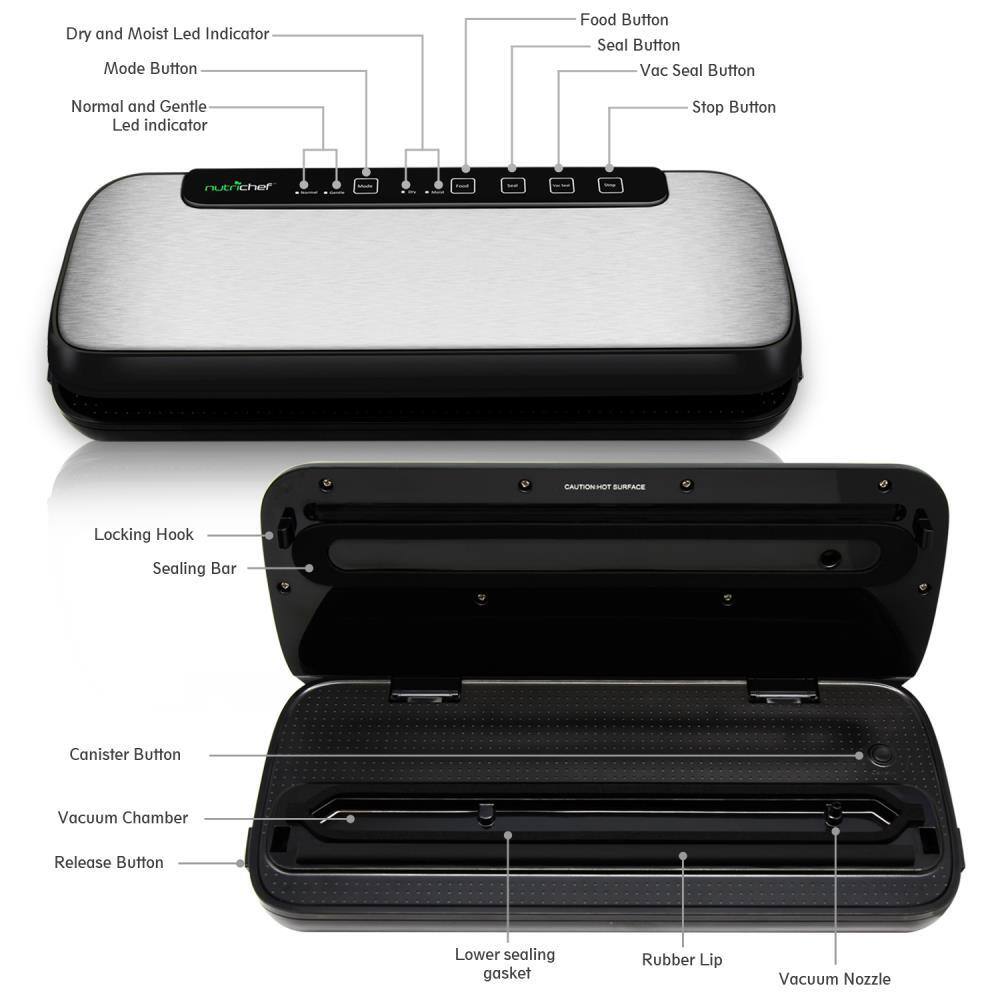 NutriChef Automatic Vacuum Sealer System - Electric Air Sealing Food Preserver with Stainless Steel Housing PKVS20STS