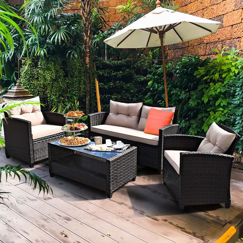 4 Pcs Rattan Patio Furniture Conversation Set Outdoor Wicker Sofa Set with Lower Shelf Coffee Table