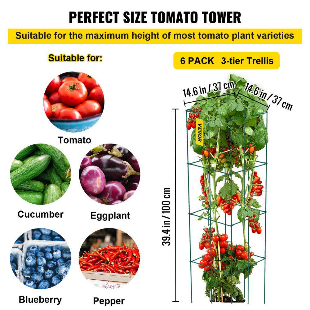 VEVOR 14.6 in. x 14.6 in. x 39.4 in. Tomato Cages for Garden Square Plant Support Cages Green Steel Tomato Towers (6-Pack) FXKZDFQ14.639YCQ1V0