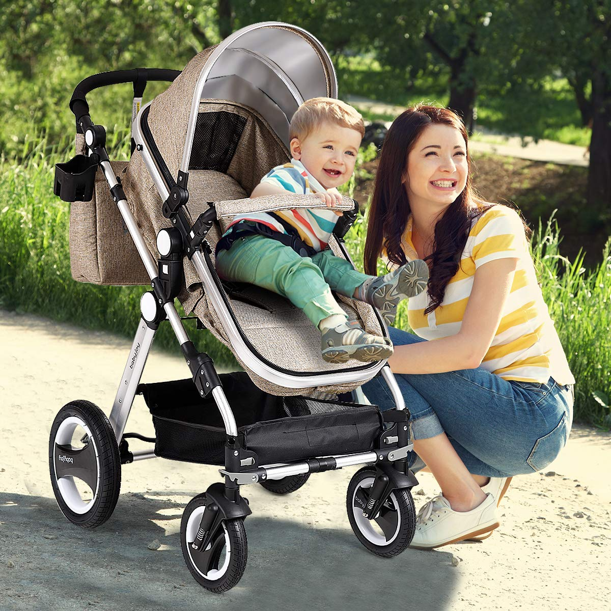 BABY JOY Baby Stroller, 2-in-1 Convertible Bassinet Reclining Stroller, Foldable Pram Carriage with 5-Point Harness