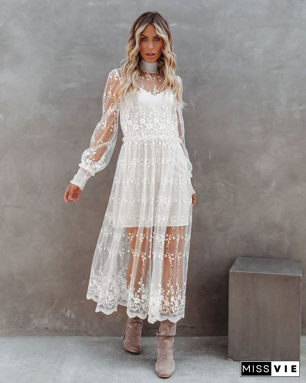 High Collar White Lace Long Dress