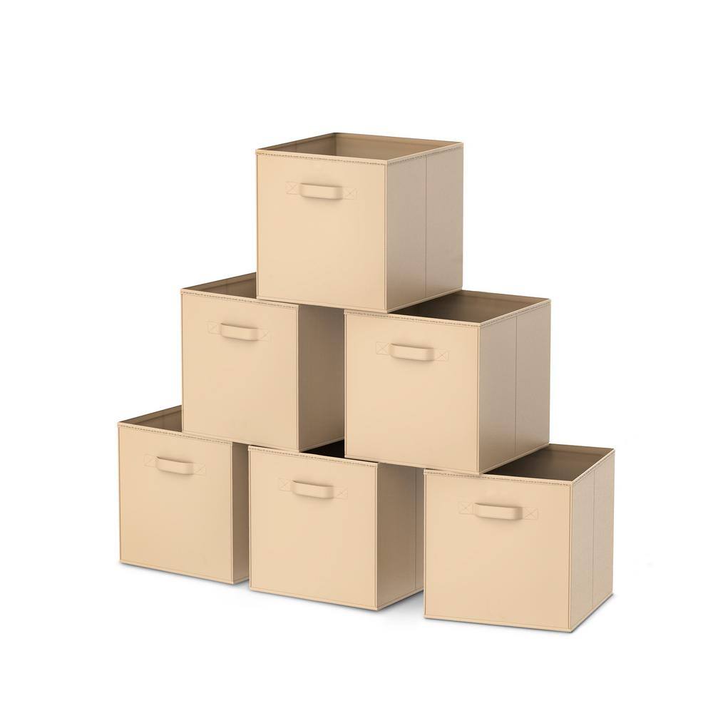 Beige 6-Piece Fabric Foldable Storage Cubes  Bins for Shelving Unit (10.5 in. W x 10.5 in. H x 11.15 in. D) 400037VEG