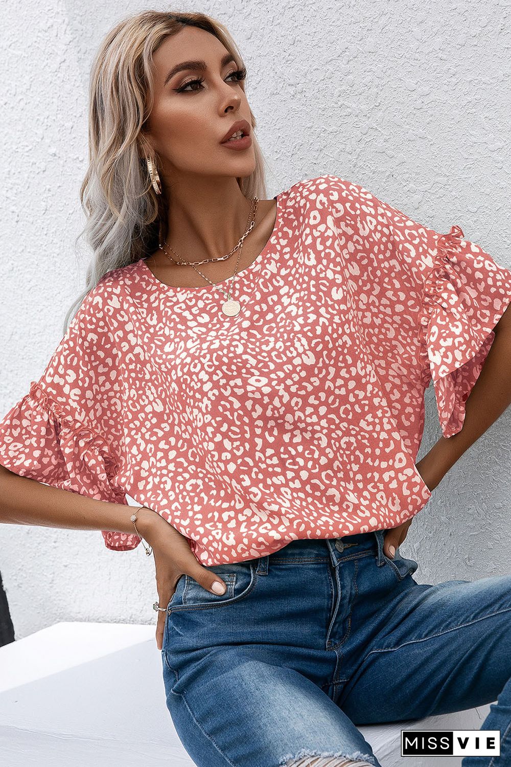 Pink Leopard Spotted Ruffle Sleeve T-Shirt