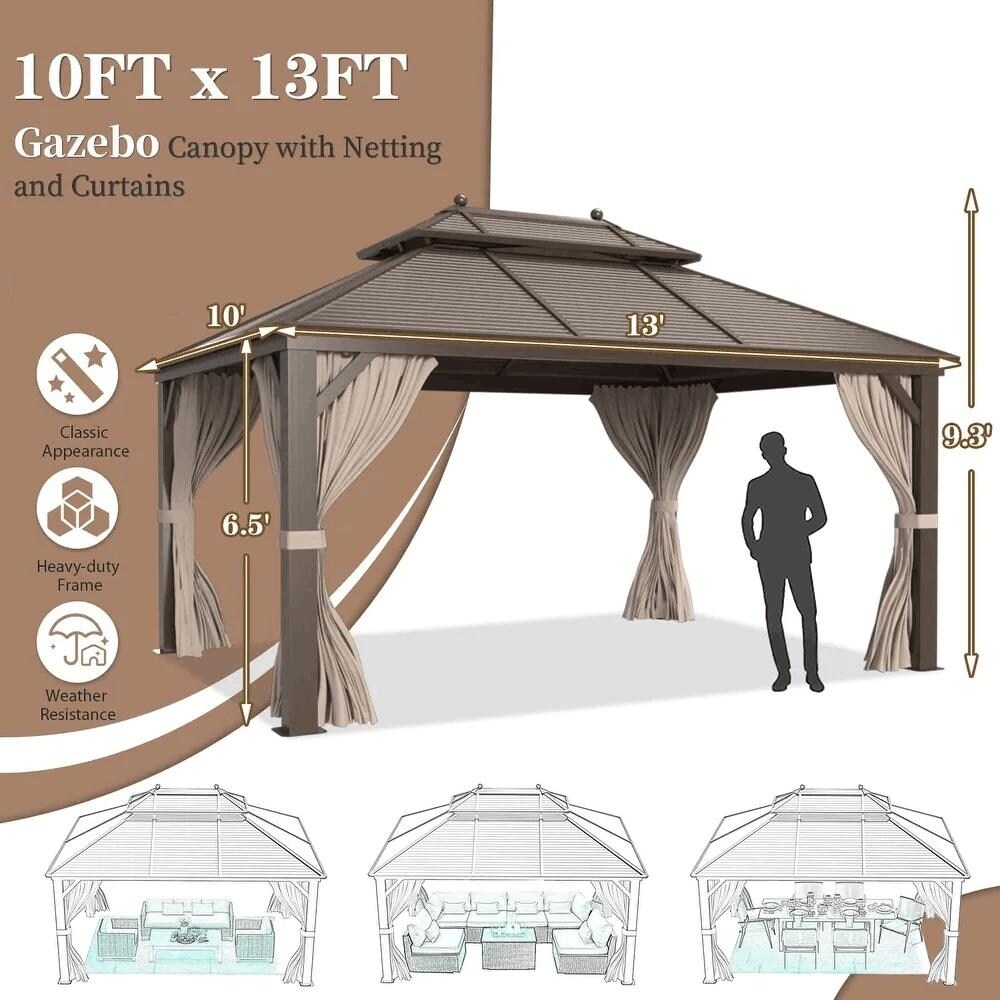 Outdoor Gazebo Pergola w Galvanized Steel Roof and Aluminum Frame  Prime Curtains   Netting Include