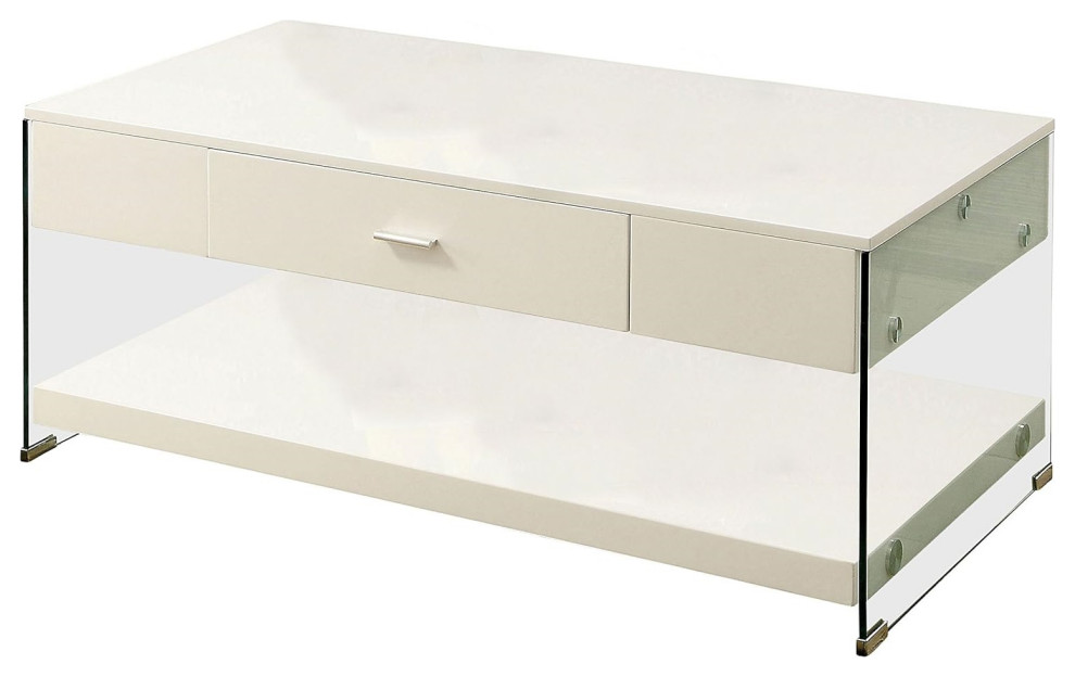 Contemporary Coffee Table  Tempered Glass Panel Legs With Storage Drawer  White   Contemporary   Coffee Tables   by Declusia  Houzz