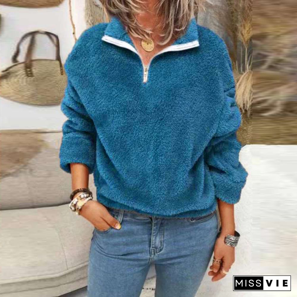 Women O Neck Simple All-match Sweatshirts Autumn Solid Casual Loose Pullover Tops Elegant Office Zipper Long Sleeve Jumper Blusa