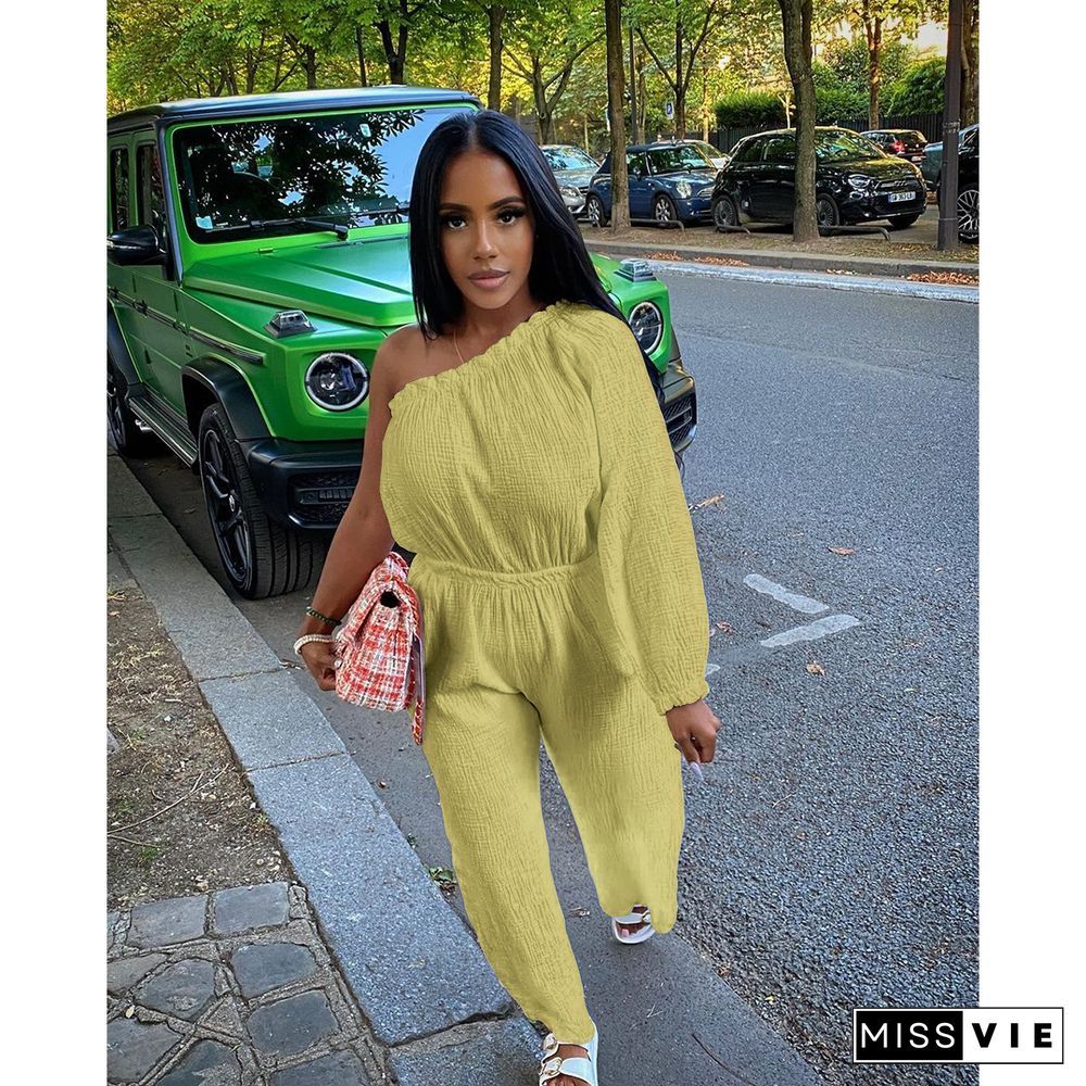 One Shoulder Long Sleeve Loose Wide Leg Jumpsuit