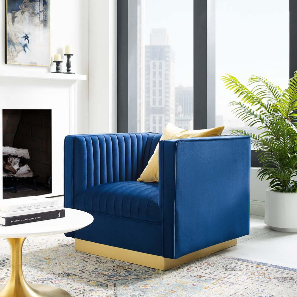 Sanguine Vertical Channel Tufted Accent Performance Velvet Armchair   Navy...   Contemporary   Armchairs And Accent Chairs   by Homesquare  Houzz