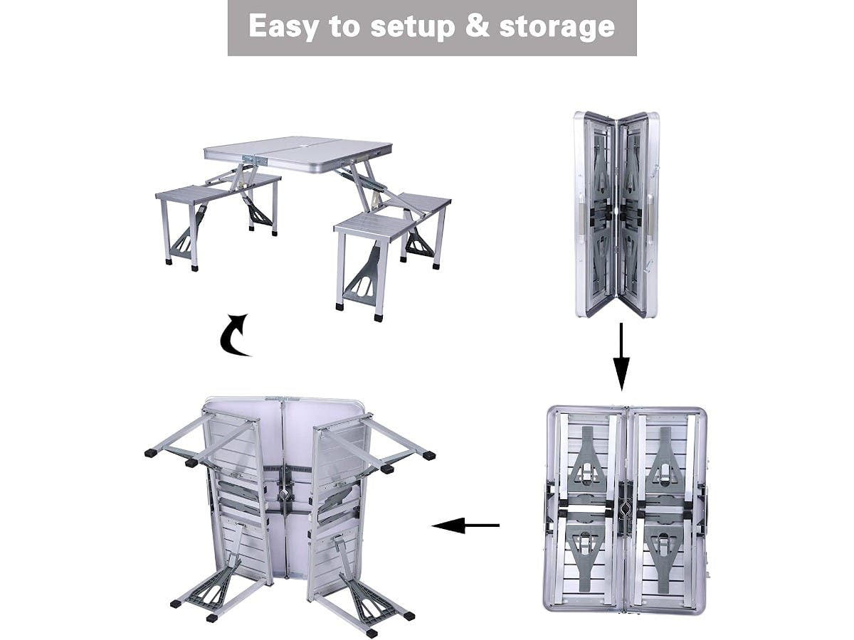 Folding Camping Table Chair Set - Silver, Aluminum Suitcase Portable Camping Picnic Table with 4 Seats, Umbrella Hole for Party, BBQ, Beach, 34.5 x 4.6 in